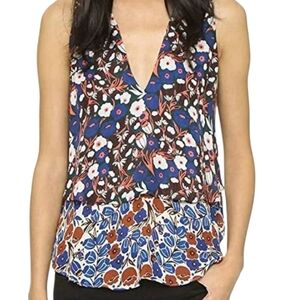 Derek Lam 10 Crosby Sleeveless Blouse Silk Poppy Midnight Navy Floral Tiered 6